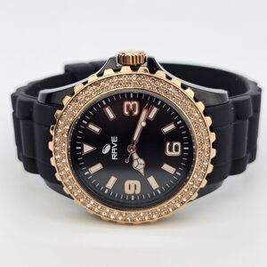 Rave Unisex Watch 40MM Black Dial Crystal Bezel‎ Black Plastic Bands New Battery